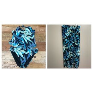 Mynah Women's Tropical Tankini 2pc Swimsuit with pants XL blue black